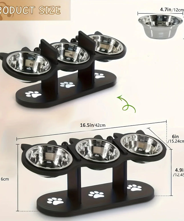 Cat 3 Bowls in 1 Feeder Feeding & Watering Supplies Food Bowl 15-Degree Tilt Raised Puppy 3 Stainless Steel Bowls Wood Brackets