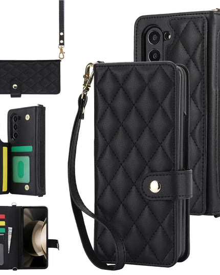 PU Leather Flip Wallet Case For Samsung Galaxy Z Fold 6 5 4 3 5G With Holder Crossbody Wrist Strap Card Slot Stand Phone Cover
