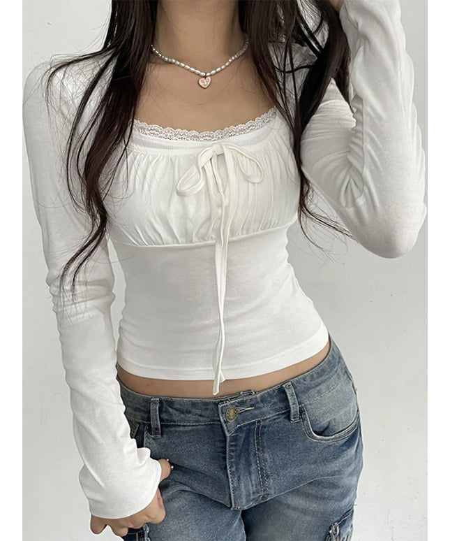 Women s Spring Autumn Fashion Tops White Long Sleeve Lace Trim Ruched Tie Up T-shirt