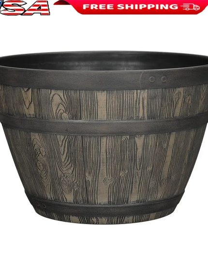 Rustic Whiskey Barrel Planter UV Resistant Brown Plastic Drainage Holes Suitable Indoor Outdoor Gardening Durable Flower Pot
