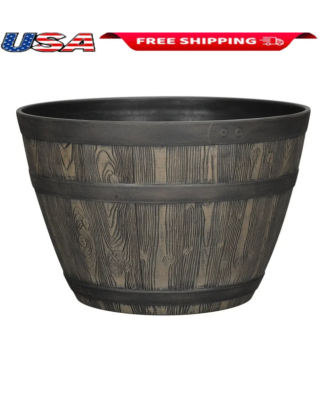 Rustic Whiskey Barrel Planter UV Resistant Brown Plastic Drainage Holes Suitable Indoor Outdoor Gardening Durable Flower Pot