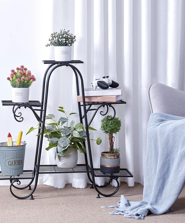6 Tier Metal Plant Stand, Garden Patio Flower Rack, Step Design, Outdoor, Indoor, Wrought Iron
