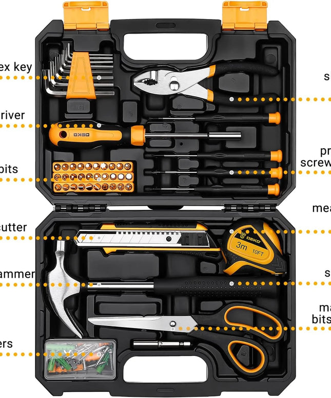 DEKO General Household Hand Tool Kit with Plastic Toolbox Storage Case, All Purpose Home Tool, 50 Piece