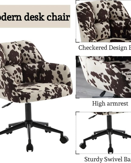 Velvet Cow Print Desk Chair with 360 Swivel, Mid Back Support and Adjustable Height for Office Use