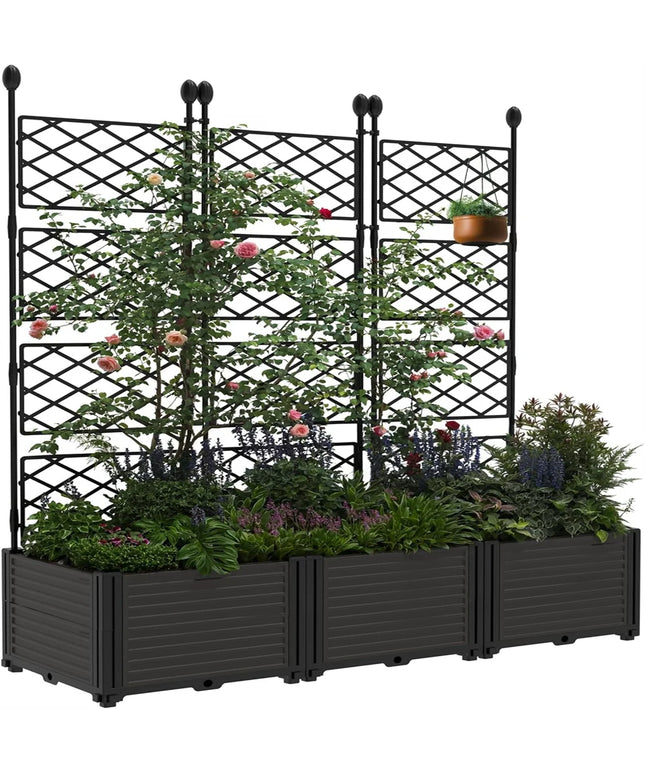 Plastic Plant Box with Metal Trellis, Raised Garden Bed with Trellis Planter for Climbing Plant Outdoor Raised Box Privacy Scree