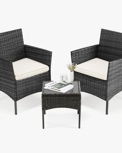 JHK Outdoor Patio Furniture Set 3 Pieces with Soft Cushion and Glass Table Manual Weaving Wicker Rattan Patio Chairs For Garden