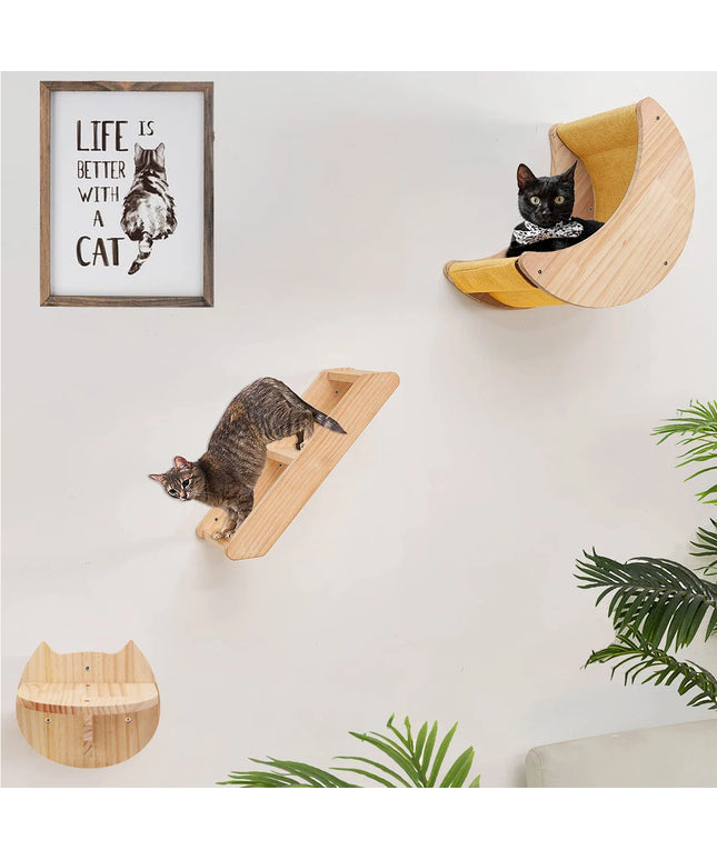 Cat Shelf Wall Hammock Climbing Shelves Moon Shaped And Perches Ladder Solid Wood Steps For Activity Indoor Cats Wall Furniture