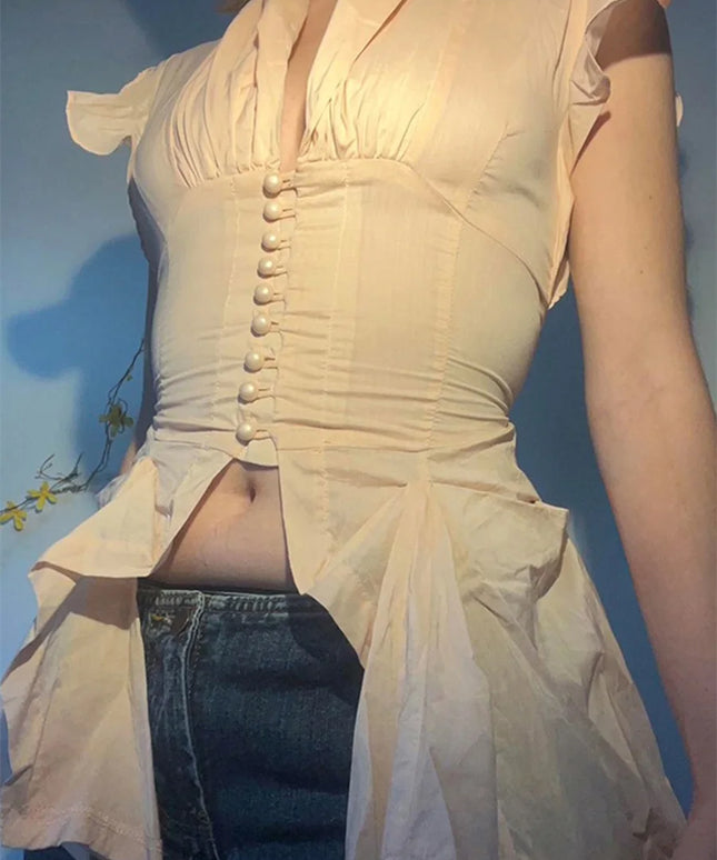 Elegant Sleeveless Ruffle Blouse with Button Down Detail and Split Hem - Women s  Fit Top for Spring and Summer