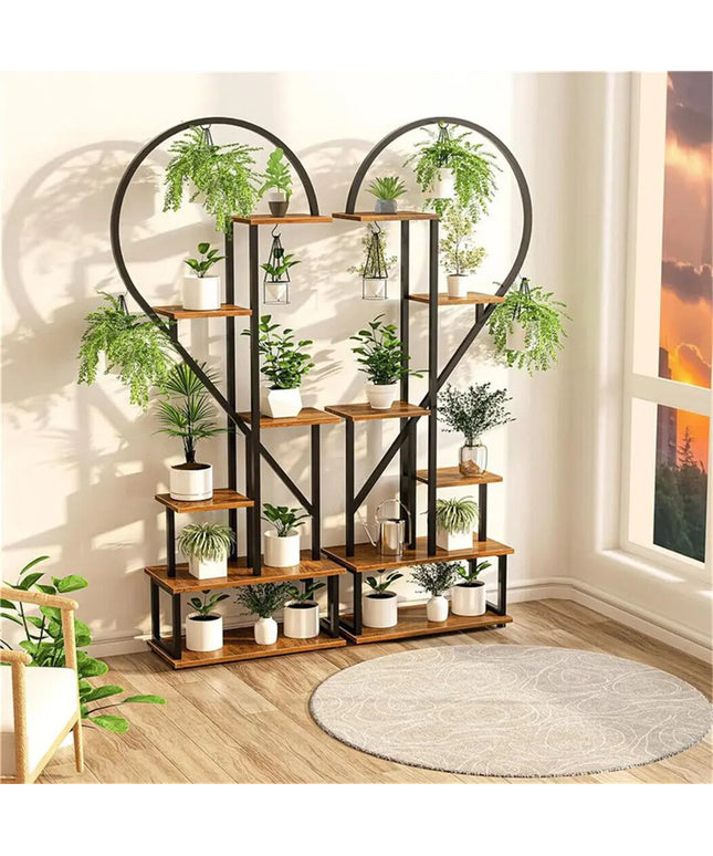 6 Tier Wood and Metal Plant Flower Rack Stand Storage Display Shelf  Heart Shaped for Garden Balcony Living Room