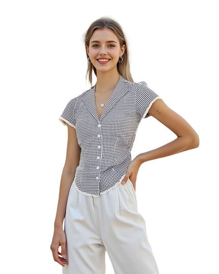 Women s Short Sleeve Plaid Shirt with Lace Trim and Turn Down Collar Button Down Blouse for Summer Casual Wear Streetwear Top