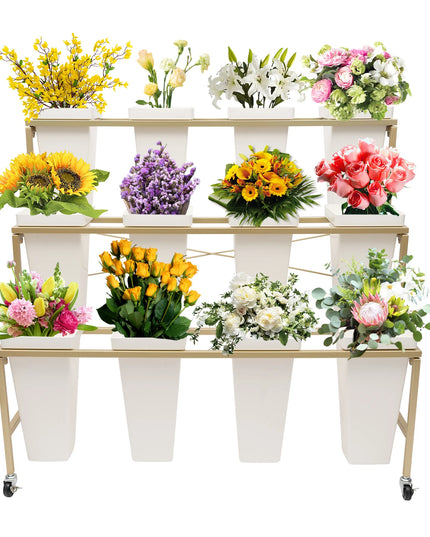 3 Layers White Flower Display Stand Heavy Duty Metal Plant Cart Shelf with 12 Buckets & Wheel for Home Patio Garden Florist