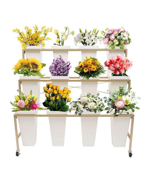 3 Layers White Flower Display Stand Heavy Duty Metal Plant Cart Shelf with 12 Buckets & Wheel for Home Patio Garden Florist