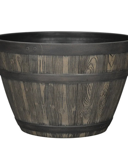 Rustic Whiskey Barrel Planter UV Resistant Brown Plastic Drainage Holes Suitable Indoor Outdoor Gardening Durable Flower Pot