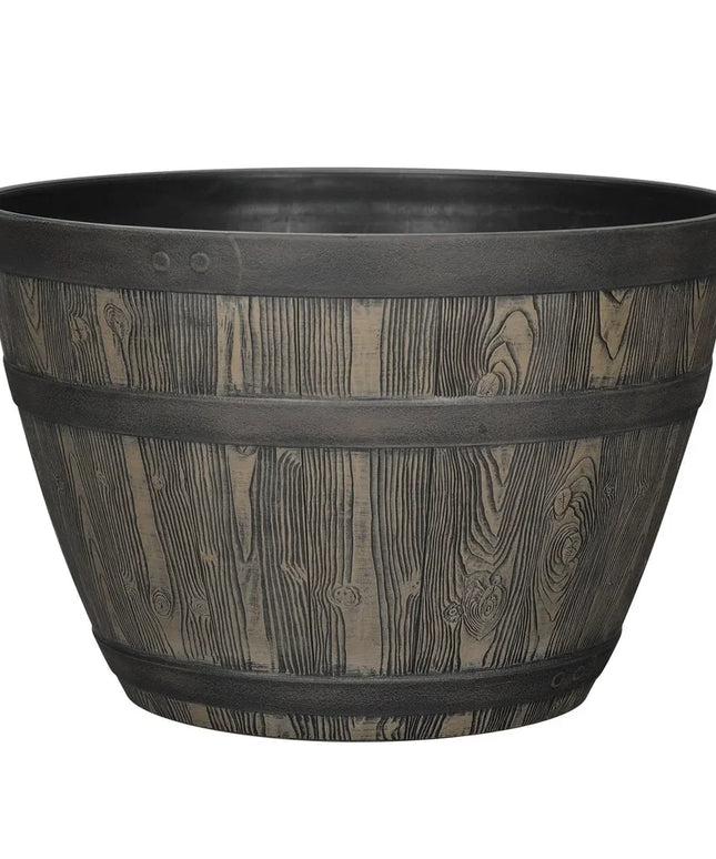 Rustic Whiskey Barrel Planter UV Resistant Brown Plastic Drainage Holes Suitable Indoor Outdoor Gardening Durable Flower Pot