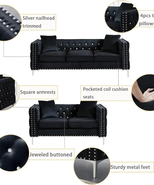 Black Velvet Upholstered Living Room Furniture Set-2-Piece,Including 3-Seater Sofa and Loveseat with Jeweled Buttons
