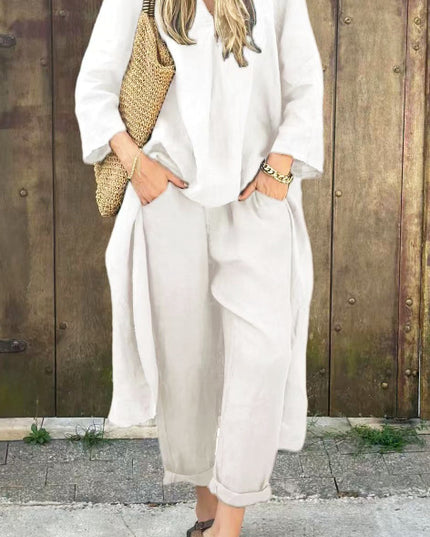 2pcs Long-sleeved Suits Loose V-neck Long Top And High Waist Wide Leg Pants With Pockets Women's Clothing