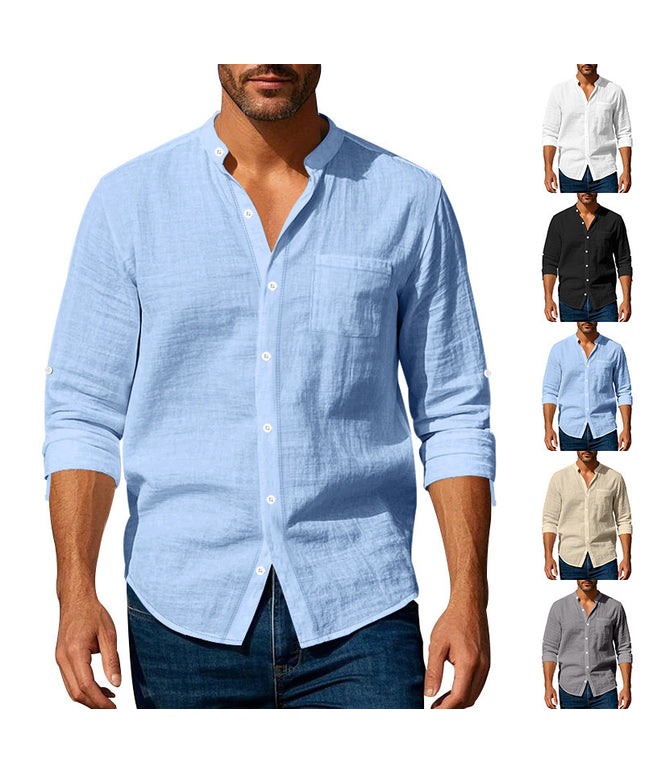 Long Sleeve Stand Collar Shirt With Pockets Casual Men's Clothing