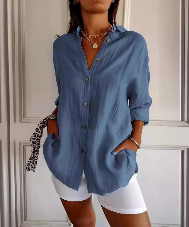 Lapel Long Sleeve Shirt Women's Single-breasted Pleated Shirt