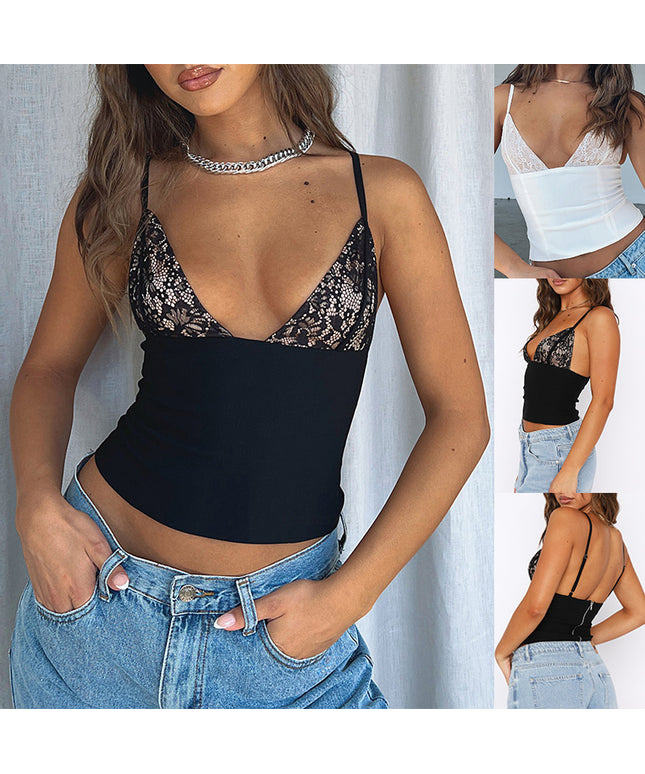 Women's V-neck Camisole Lace Vest With Back Zipper Design Summer Slim Sleeveless Tops