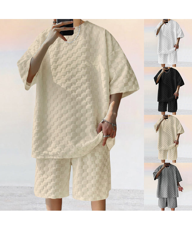 Jacquard Plaid Loose Straight Casual Shorts Suit
