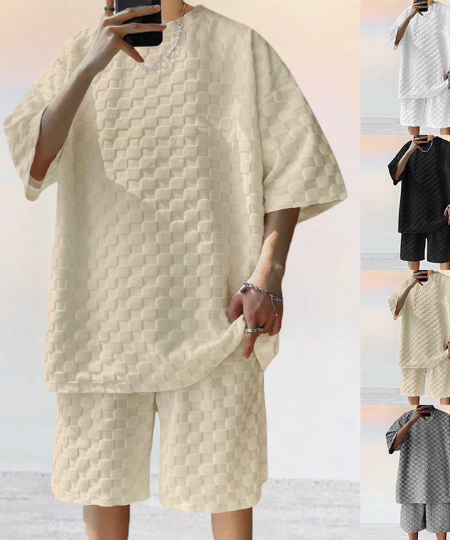 Jacquard Plaid Loose Straight Casual Shorts Suit