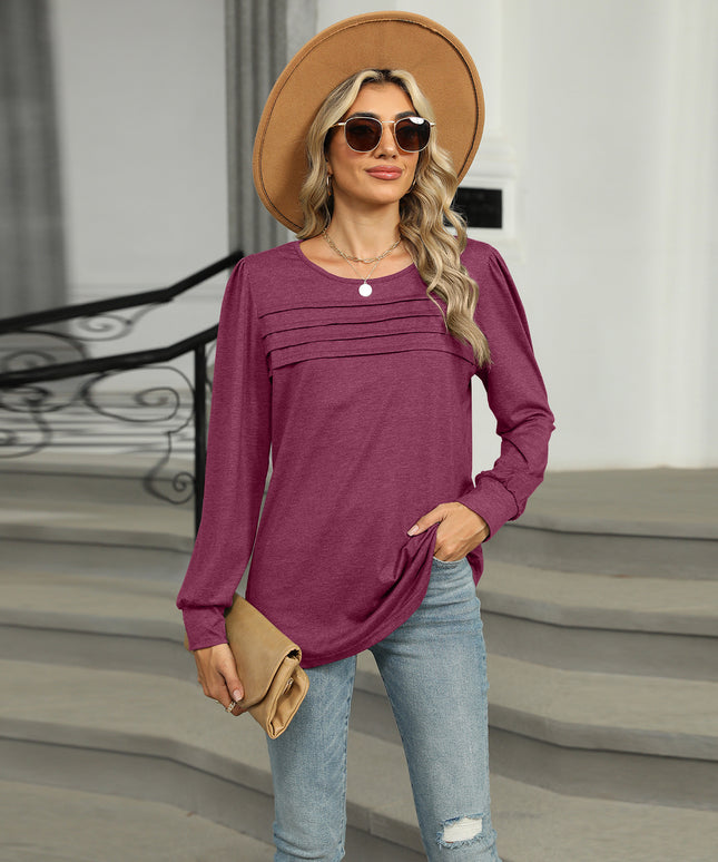 Solid Color U-neck Pleated Long-sleeved T-shirt Top For Women