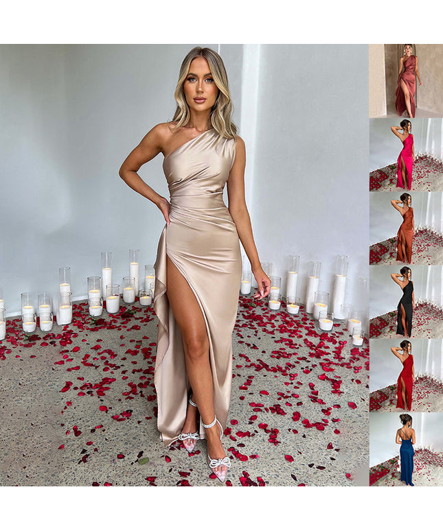 Sexy One-shoulder Backless Slit Dress Summer Elegant Slim-fit Solid Color Satin Dresses For Women