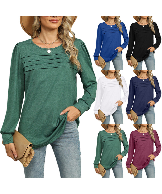 Solid Color U-neck Pleated Long-sleeved T-shirt Top For Women