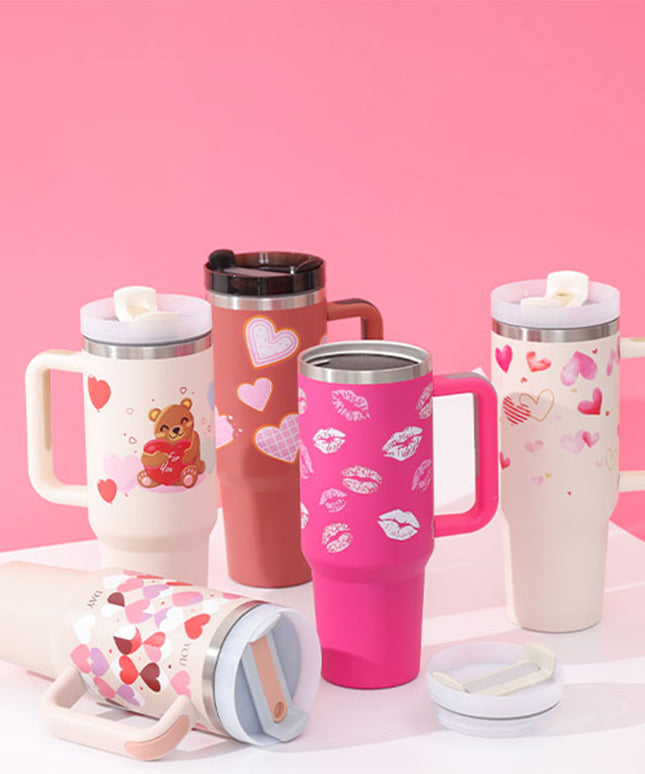 40 Oz Tumbler With Handle Straw Insulated, Stainless Steel Spill Proof Vacuum Coffee Cup Tumbler With Lid Tapered Mug Gifts For Valentine Lover Suitable For Car Gym Office Travel