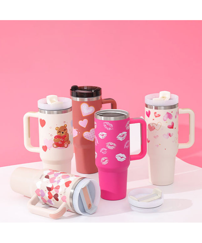 40 Oz Tumbler With Handle Straw Insulated, Stainless Steel Spill Proof Vacuum Coffee Cup Tumbler With Lid Tapered Mug Gifts For Valentine Lover Suitable For Car Gym Office Travel