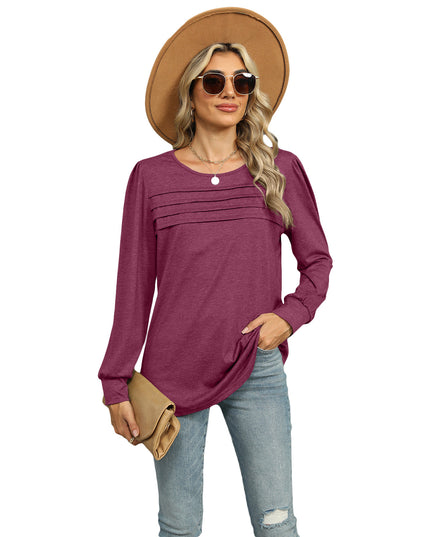 Solid Color U-neck Pleated Long-sleeved T-shirt Top For Women