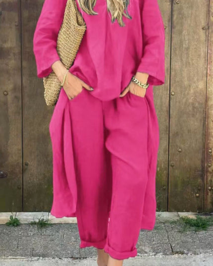 2pcs Long-sleeved Suits Loose V-neck Long Top And High Waist Wide Leg Pants With Pockets Women's Clothing