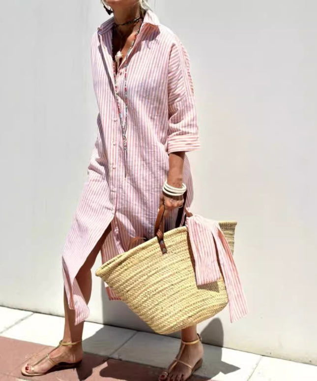 Striped Shirt Dress With Belt Fashion Half-sleeved Lapel Button Cardigan Dresses Women's Clothing