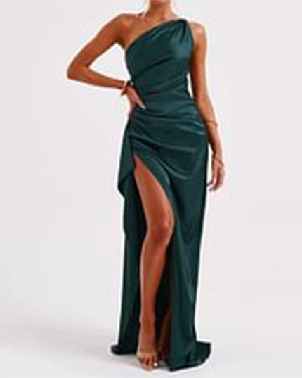 Sexy One-shoulder Backless Slit Dress Summer Elegant Slim-fit Solid Color Satin Dresses For Women