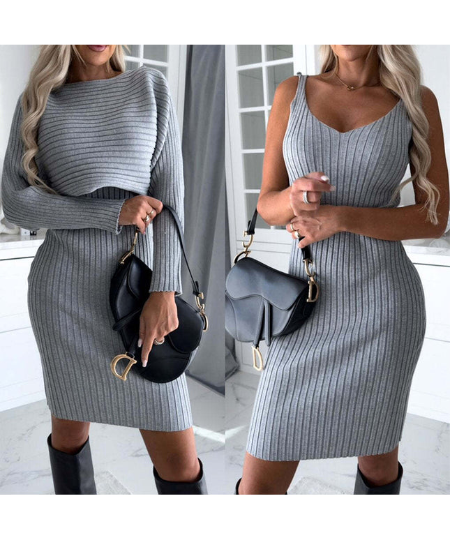 2pcs Suit Women's Solid Stripe Long-sleeved Top And Tight Suspender Skirt Fashion Autumn Winter Slim Clothing